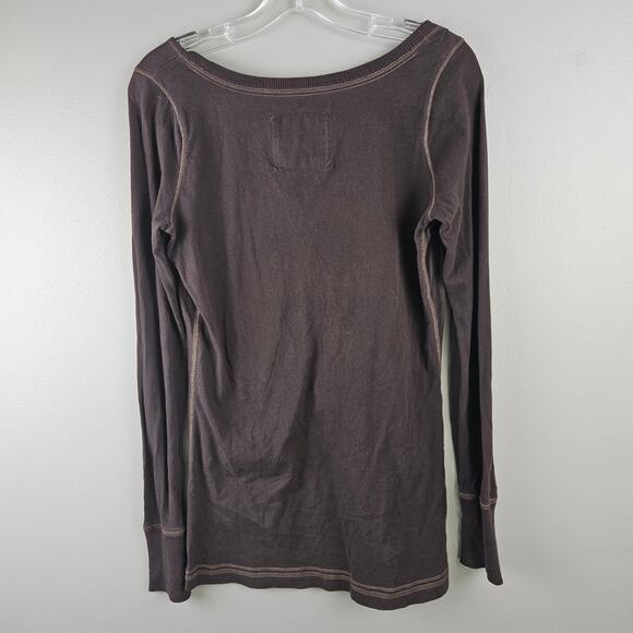 Y2K Abercrombie & Fitch Deep V Long Sleeve Tee Brown Stretch Pocket Top Size L - Picture 2 of 7